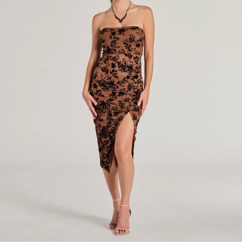 Windsor Strapless Brown and Black Floral Dress